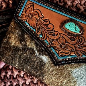 Genuine leather hair on hide with genuine turquoise small crossbody bag.